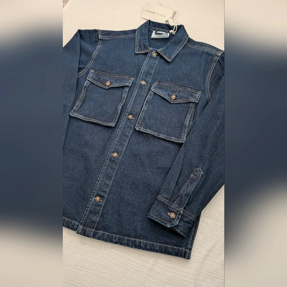 NWT Plenum Studio Men's Dark Blue Denim Large Pockets Jacket Size M